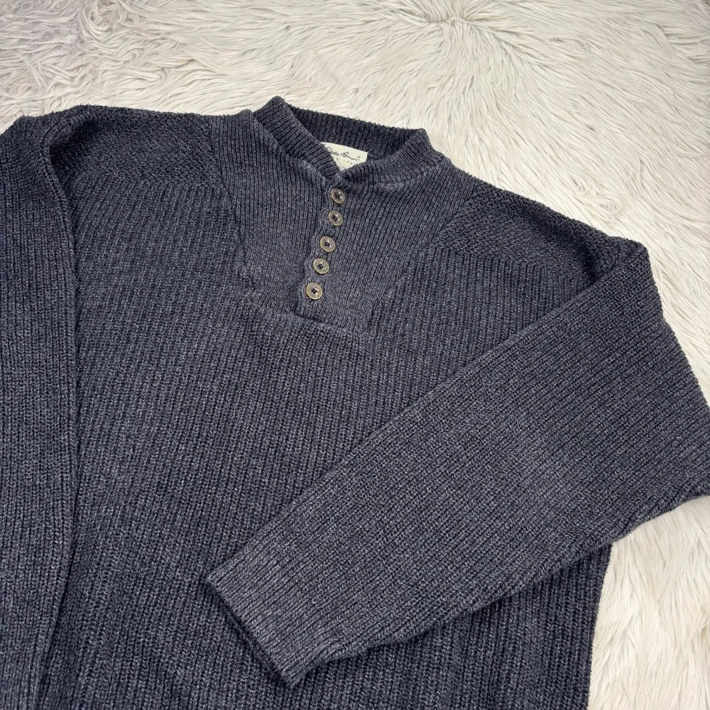 Vintage Eddie Bauer Men's XL Tall Gray Henley Neck Sweater 100% Cotton Gorpcore - Picture 2 of 5